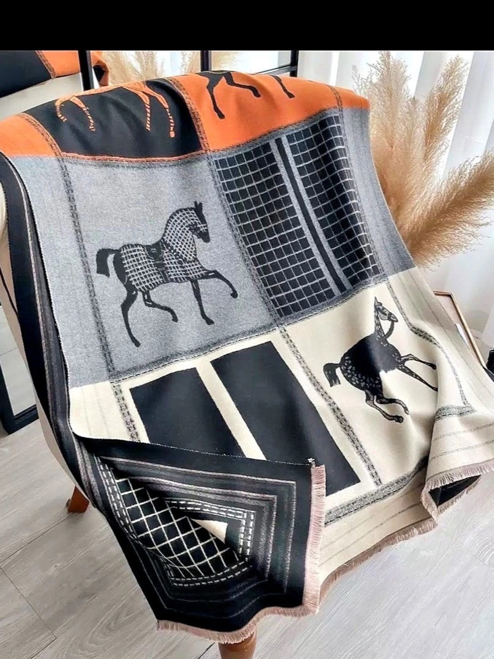 Equestrian Print Scarf in Black & Orange
